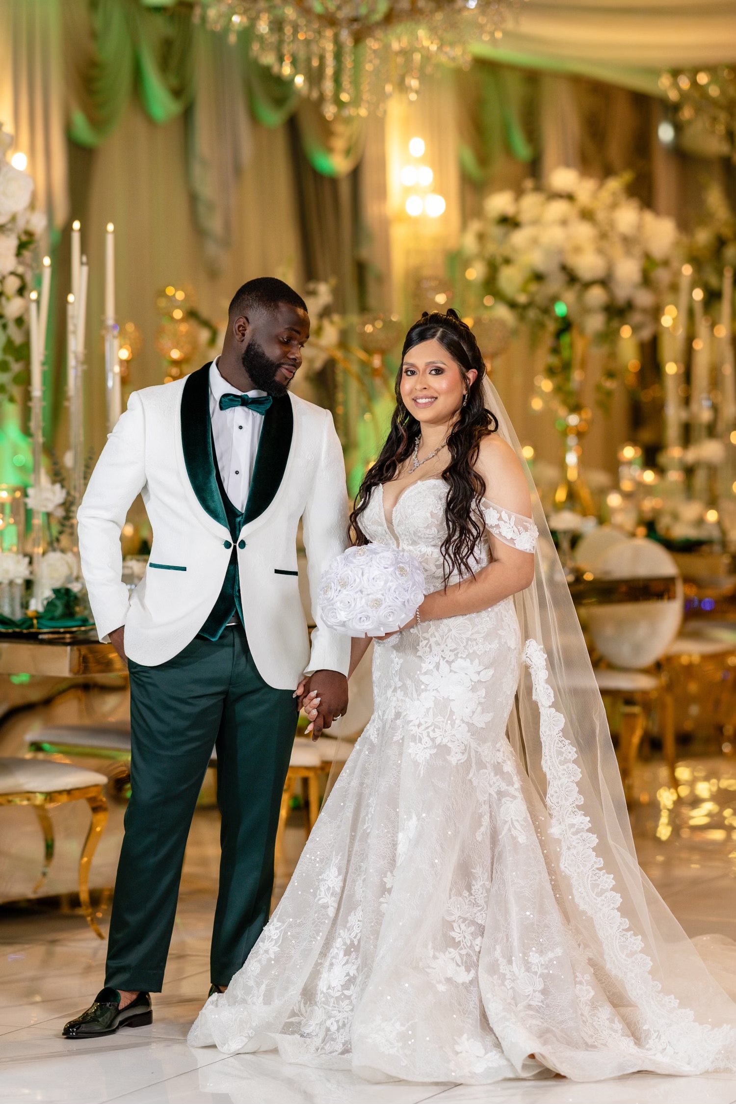 Bride & Groom in Emerald Tuxedo